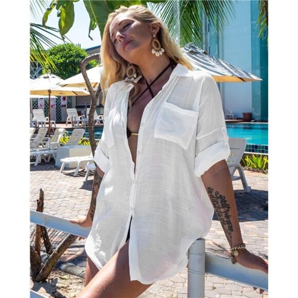 Women's Button Down Swim Cover Up Shirt Sexy Long Sleeve Beach Blouse Bathing - Picture 5 of 6